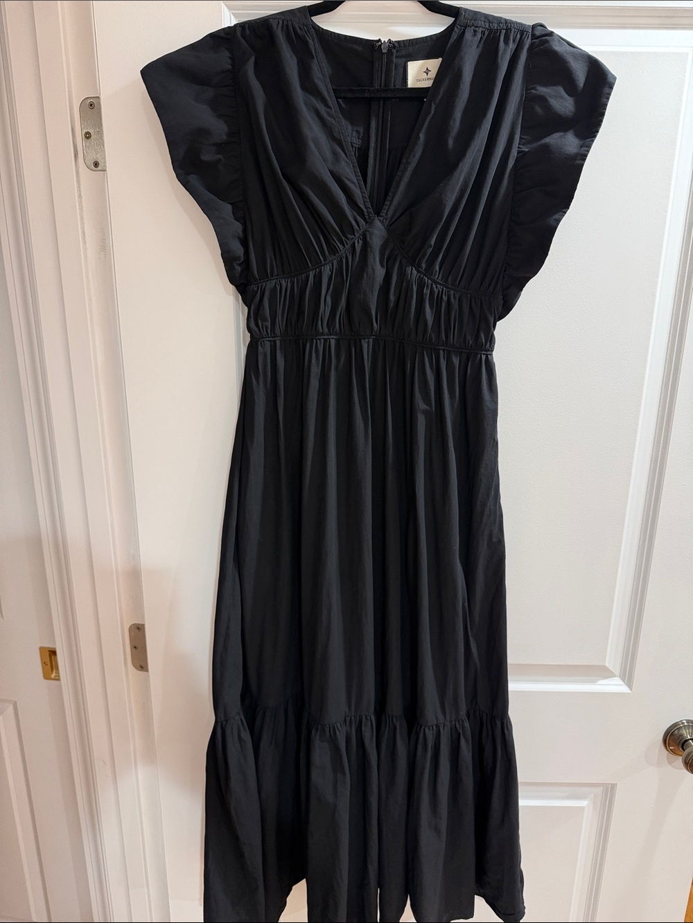Tuckernuck Sutton Black Flutter-Sleeve V-Neck Maxi 100% Cotton Dress Size S